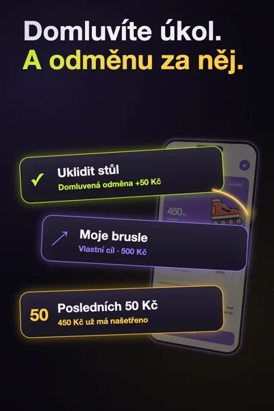 Ukázka dětské pokladničky s úkoly, odměnami a cílem spoření